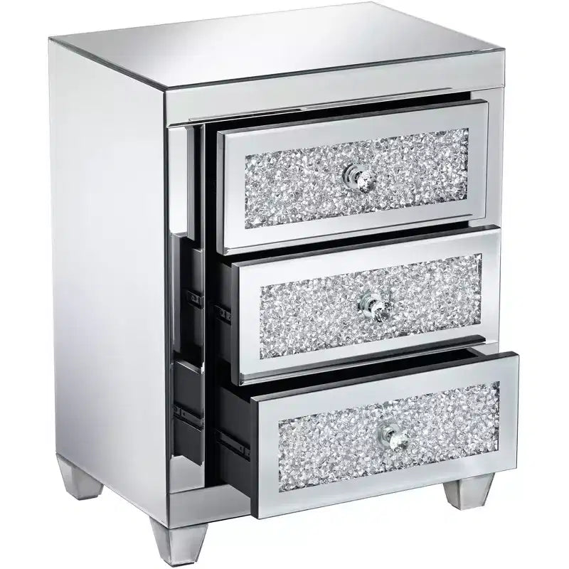 Studio 55D Gia Moderno Tavolino Rettangolare a Specchio Accent Tavolino 50 x 35 cm con 3 Cassetti in Vetro Argento Cristallo per Soggiorno Camera da Letto Comodino Ingresso