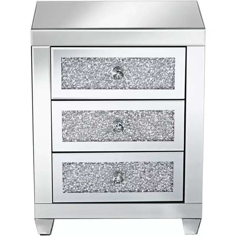Studio 55D Gia Moderno Tavolino Rettangolare a Specchio Accent Tavolino 50 x 35 cm con 3 Cassetti in Vetro Argento Cristallo per Soggiorno Camera da Letto Comodino Ingresso