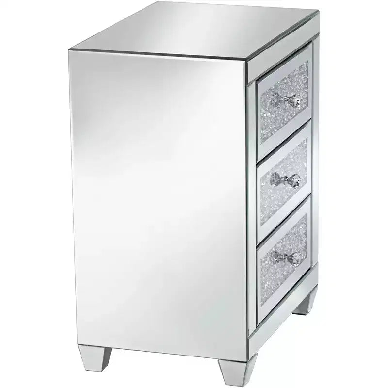 Studio 55D Gia Moderno Tavolino Rettangolare a Specchio Accent Tavolino 50 x 35 cm con 3 Cassetti in Vetro Argento Cristallo per Soggiorno Camera da Letto Comodino Ingresso