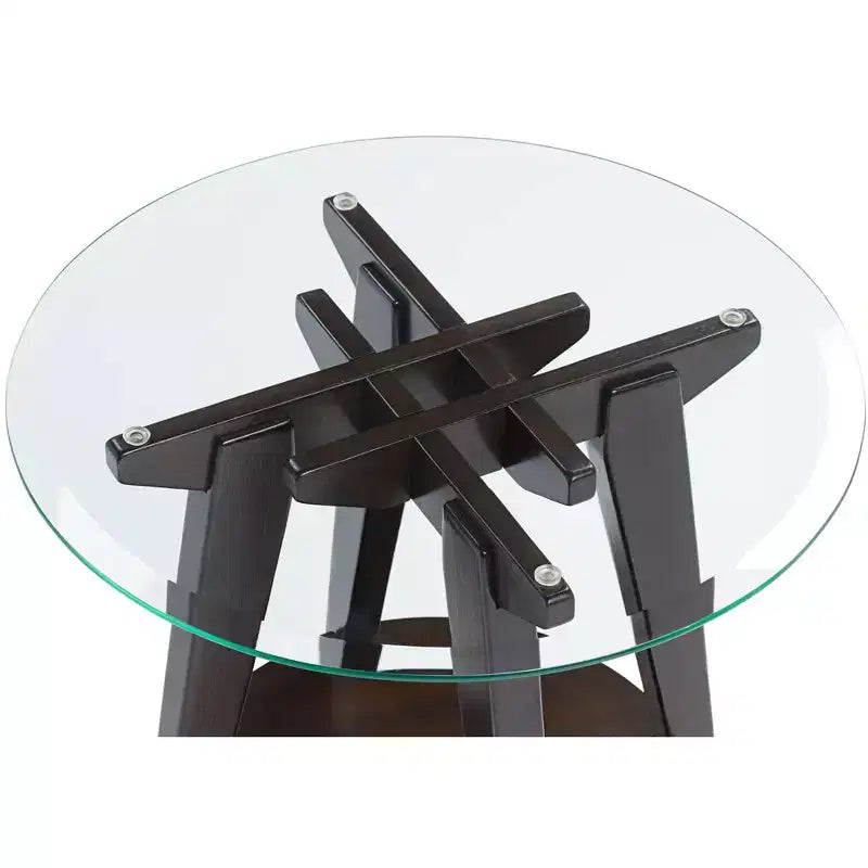 Tavolino d'appoggio rotondo in legno da fattoria 55 Downing Street, 61 cm di larghezza, con ripiano, piano in vetro temperato marrone scuro, per soggiorno, casa, abitazione