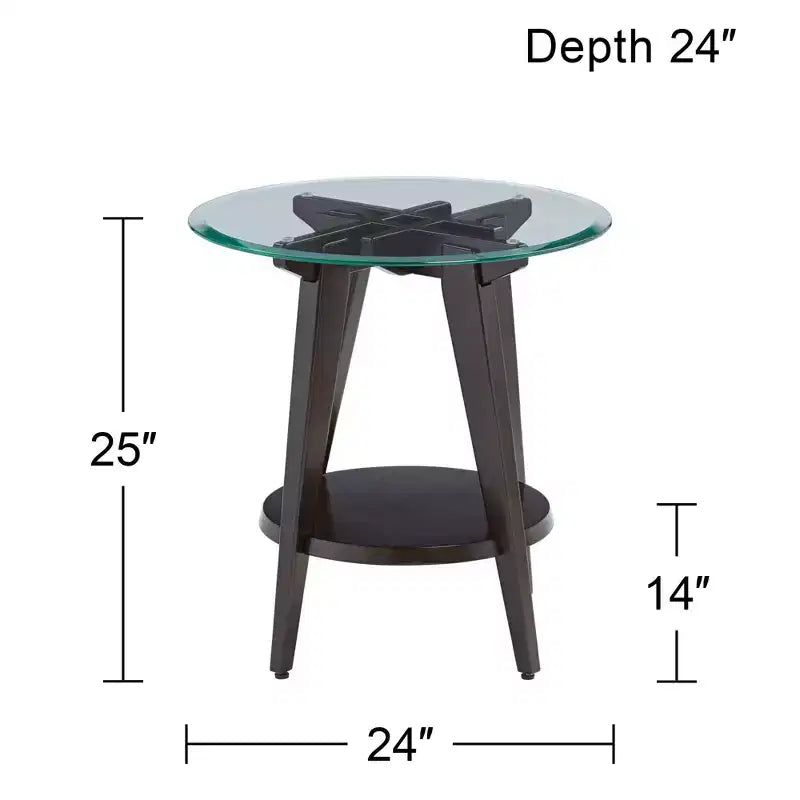 Tavolino d'appoggio rotondo in legno da fattoria 55 Downing Street, 61 cm di larghezza, con ripiano, piano in vetro temperato marrone scuro, per soggiorno, casa, abitazione