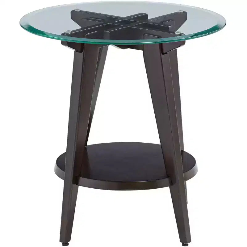 Tavolino d'appoggio rotondo in legno da fattoria 55 Downing Street, 61 cm di larghezza, con ripiano, piano in vetro temperato marrone scuro, per soggiorno, casa, abitazione