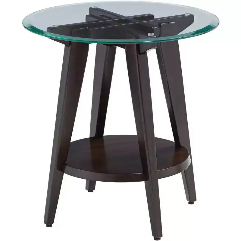 Tavolino d'appoggio rotondo in legno da fattoria 55 Downing Street, 61 cm di larghezza, con ripiano, piano in vetro temperato marrone scuro, per soggiorno, casa, abitazione