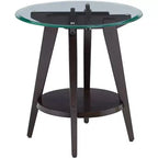 Tavolino d'appoggio rotondo in legno da fattoria 55 Downing Street, 61 cm di larghezza, con ripiano, piano in vetro temperato marrone scuro, per soggiorno, casa, abitazione