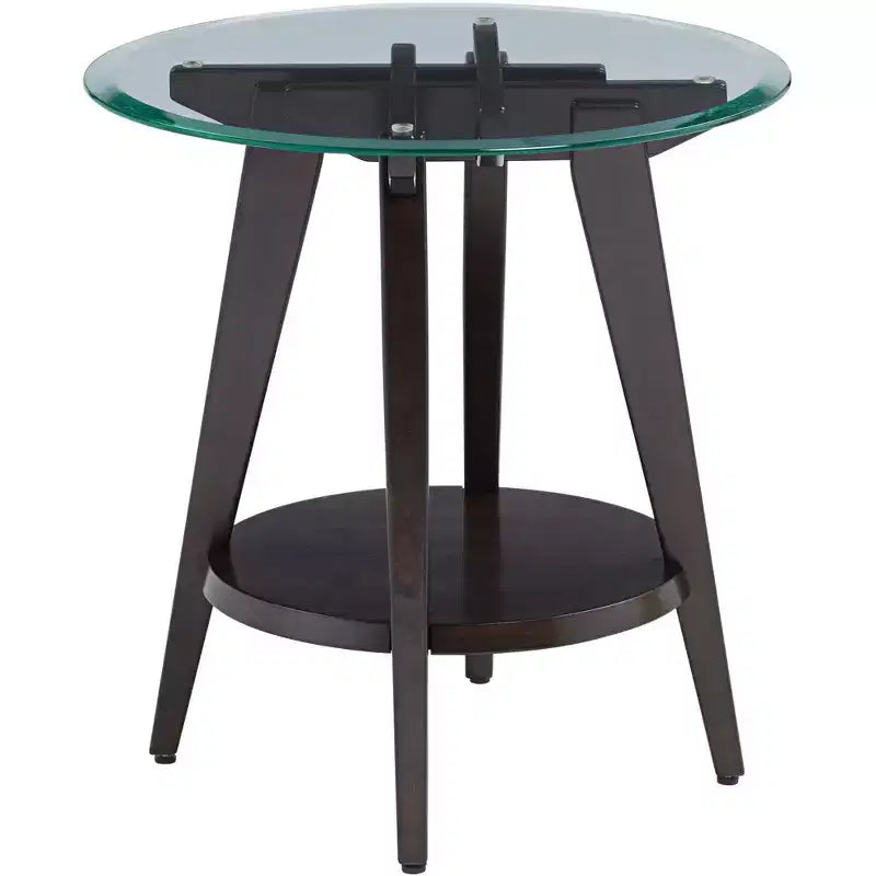 Tavolino d'appoggio rotondo in legno da fattoria 55 Downing Street, 61 cm di larghezza, con ripiano, piano in vetro temperato marrone scuro, per soggiorno, casa, abitazione