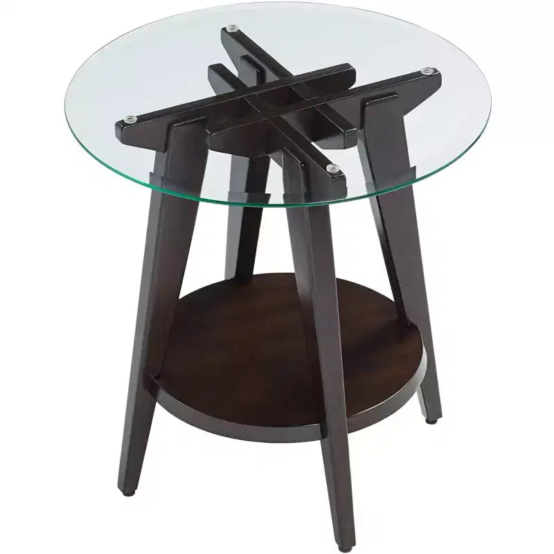 Tavolino d'appoggio rotondo in legno da fattoria 55 Downing Street, 61 cm di larghezza, con ripiano, piano in vetro temperato marrone scuro, per soggiorno, casa, abitazione