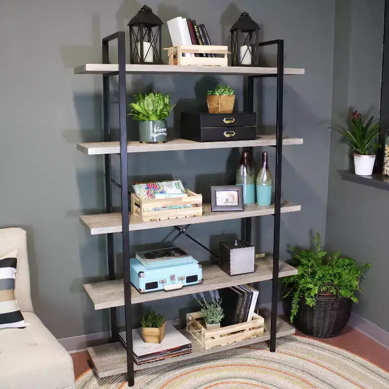 Sunnydaze Scaffale Etagere Autoportante in Stile Industriale a 5 Ripiani con Ripiani in Impiallacciatura di Legno - Impiallacciatura Grigio Rovere