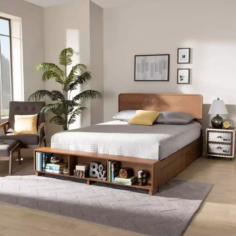 Letto a piattaforma moderno di transizione Vita con 4 cassetti e contenitore in legno noce/marrone - Baxton Studio