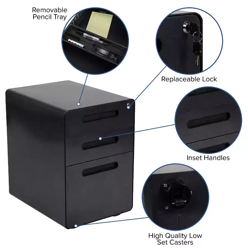 Flash Furniture Cassettiera mobile ergonomica a 3 cassetti con serratura, meccanismo antiribaltamento e cassetto per raccoglitori legali e letter-size