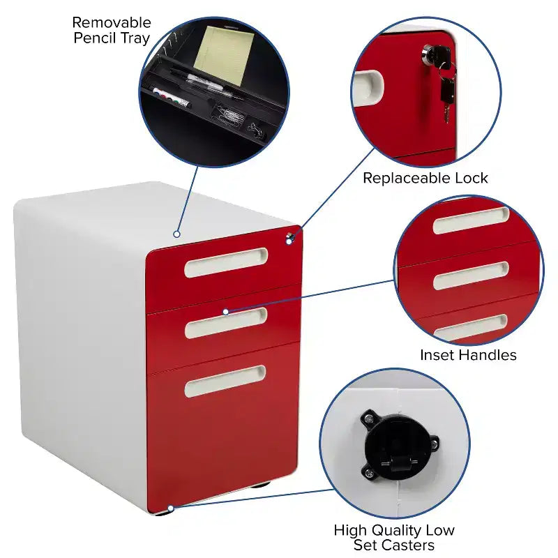 Flash Furniture Cassettiera mobile ergonomica a 3 cassetti con serratura, meccanismo antiribaltamento e cassetto per raccoglitori legali e letter-size