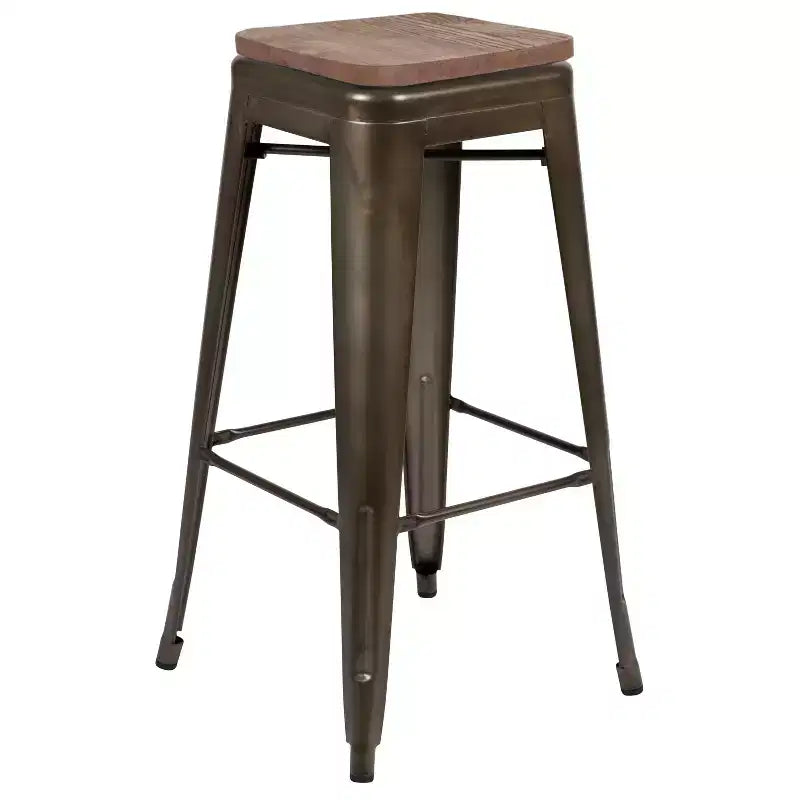Flash Furniture Sgabello da bar in metallo da 30 pollici con sedile in legno - Impilabile, set da 4