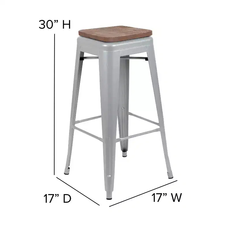 Flash Furniture Sgabello da bar in metallo da 30 pollici con sedile in legno - Impilabile, set da 4