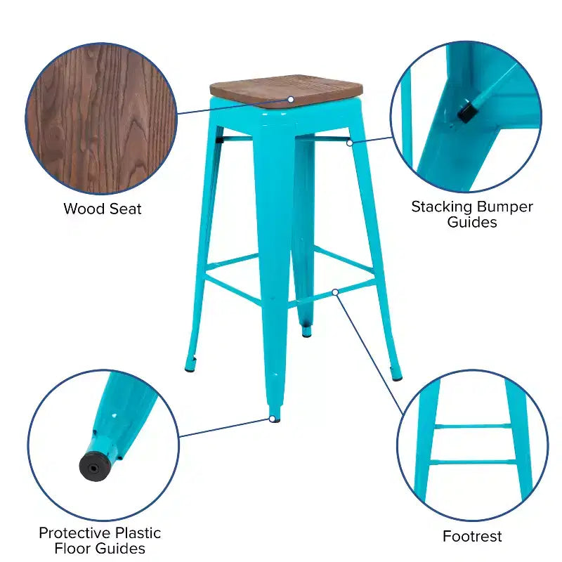 Flash Furniture Sgabello da bar in metallo da 30 pollici con sedile in legno - Impilabile, set da 4