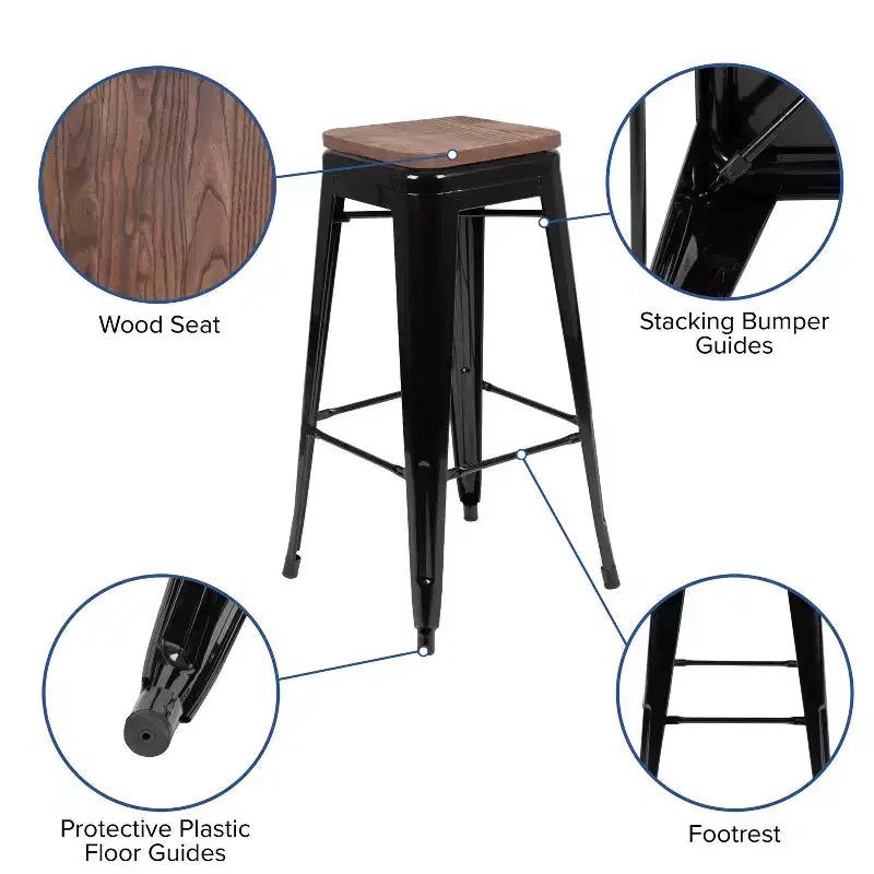 Flash Furniture Sgabello da bar in metallo da 30 pollici con sedile in legno - Impilabile, set da 4