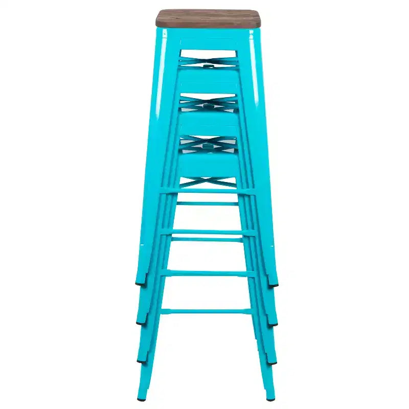 Flash Furniture Sgabello da bar in metallo da 30 pollici con sedile in legno - Impilabile, set da 4