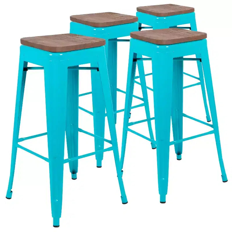 Flash Furniture Sgabello da bar in metallo da 30 pollici con sedile in legno - Impilabile, set da 4