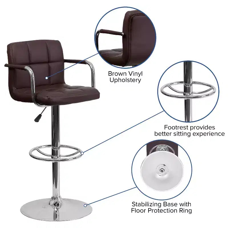 Sgabello da bar contemporaneo Flash Furniture in vinile trapuntato, regolabile in altezza, con braccioli e base cromata