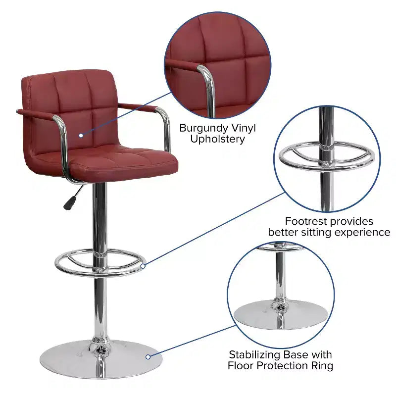 Sgabello da bar contemporaneo Flash Furniture in vinile trapuntato, regolabile in altezza, con braccioli e base cromata