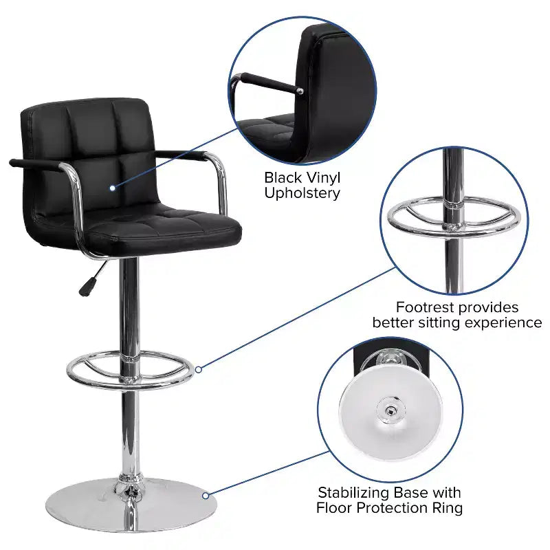 Sgabello da bar contemporaneo Flash Furniture in vinile trapuntato, regolabile in altezza, con braccioli e base cromata