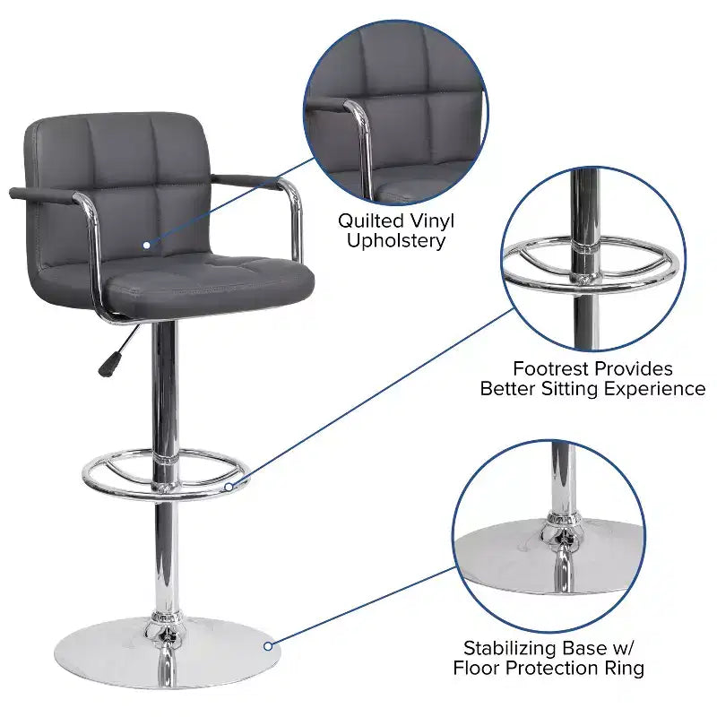 Sgabello da bar contemporaneo Flash Furniture in vinile trapuntato, regolabile in altezza, con braccioli e base cromata