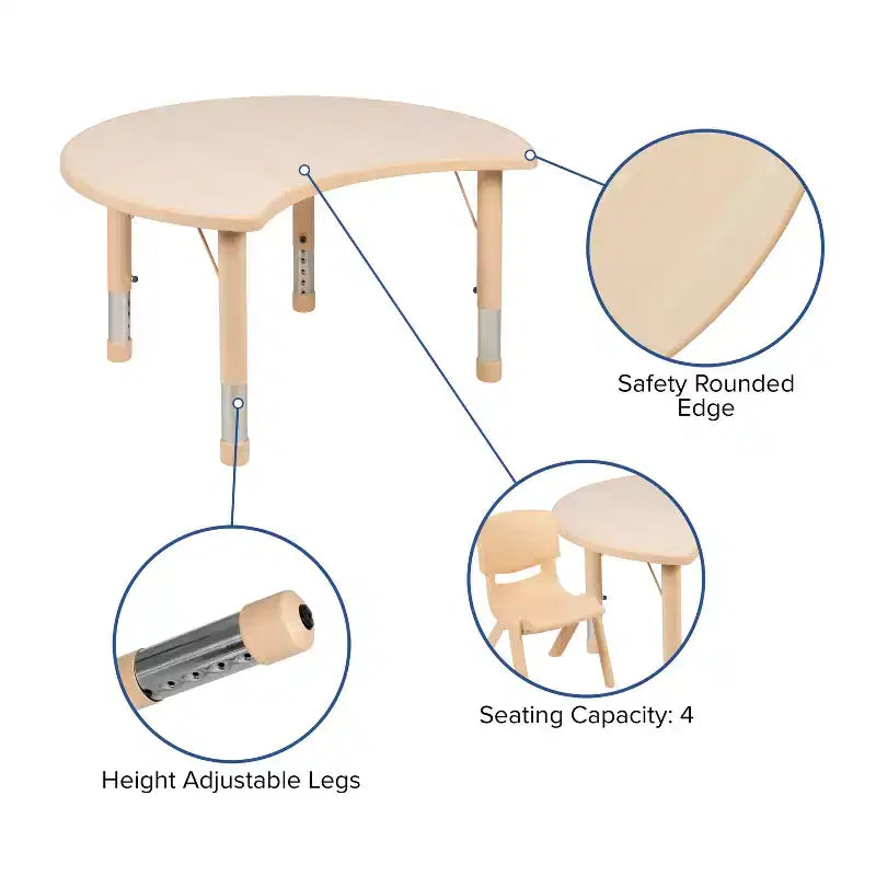 Flash Furniture 25.125W x 35.5L Tavolo per attività regolabile in altezza in plastica naturale a mezzaluna