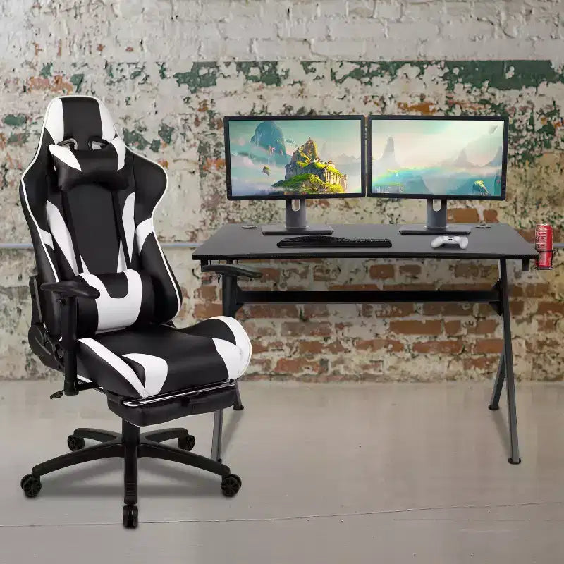 Set Scrivania da Gaming Flash Furniture e Sedia da Gaming Reclinabile con Poggiapiedi, Portabicchieri, Gancio per Cuffie e 2 Fori per la Gestione dei Cavi