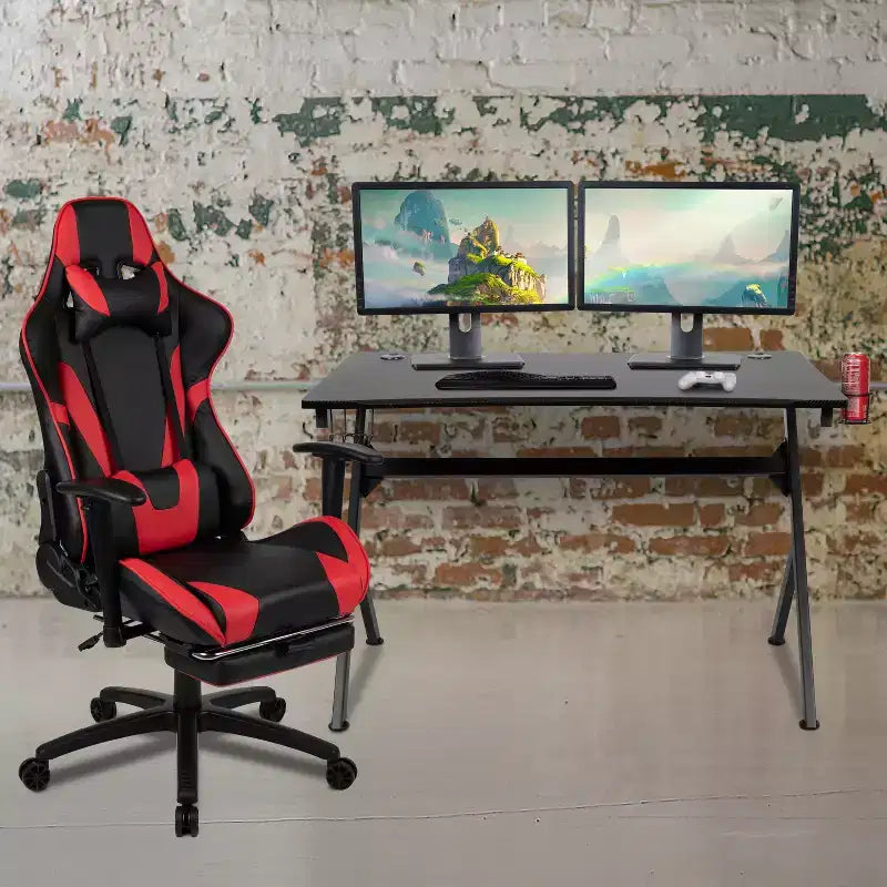 Set Scrivania da Gaming Flash Furniture e Sedia da Gaming Reclinabile con Poggiapiedi, Portabicchieri, Gancio per Cuffie e 2 Fori per la Gestione dei Cavi