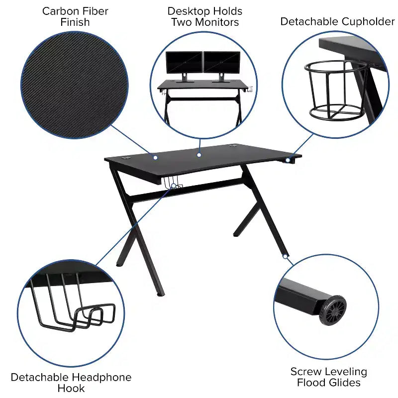 Set Scrivania da Gaming Flash Furniture e Sedia da Gaming Reclinabile con Poggiapiedi, Portabicchieri, Gancio per Cuffie e 2 Fori per la Gestione dei Cavi