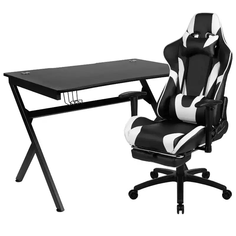 Set Scrivania da Gaming Flash Furniture e Sedia da Gaming Reclinabile con Poggiapiedi, Portabicchieri, Gancio per Cuffie e 2 Fori per la Gestione dei Cavi