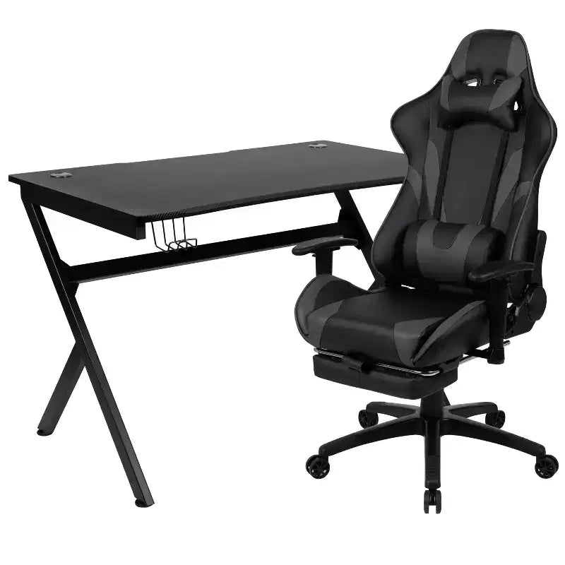 Set Scrivania da Gaming Flash Furniture e Sedia da Gaming Reclinabile con Poggiapiedi, Portabicchieri, Gancio per Cuffie e 2 Fori per la Gestione dei Cavi