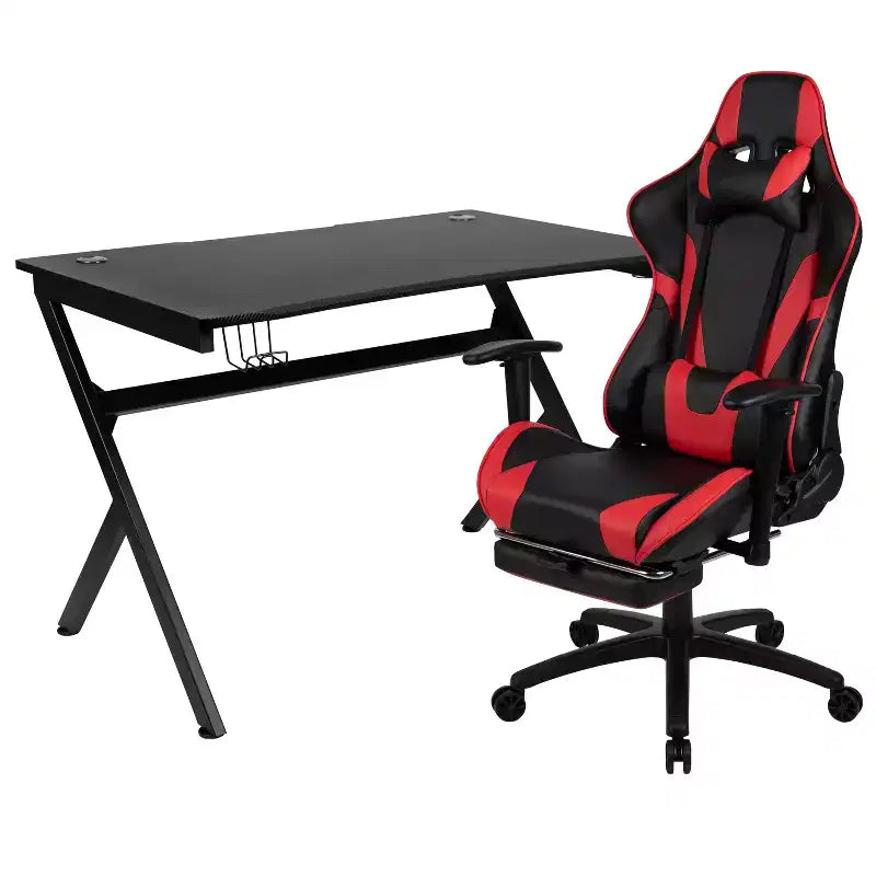 Set Scrivania da Gaming Flash Furniture e Sedia da Gaming Reclinabile con Poggiapiedi, Portabicchieri, Gancio per Cuffie e 2 Fori per la Gestione dei Cavi