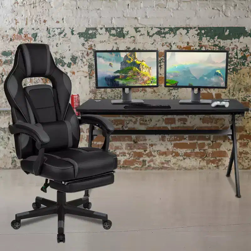 Scrivania da gaming Flash Furniture con portabicchieri/gancio per cuffie/tappetino per mouse rimovibile e sedia da gaming reclinabile con schienale/braccioli e poggiapiedi