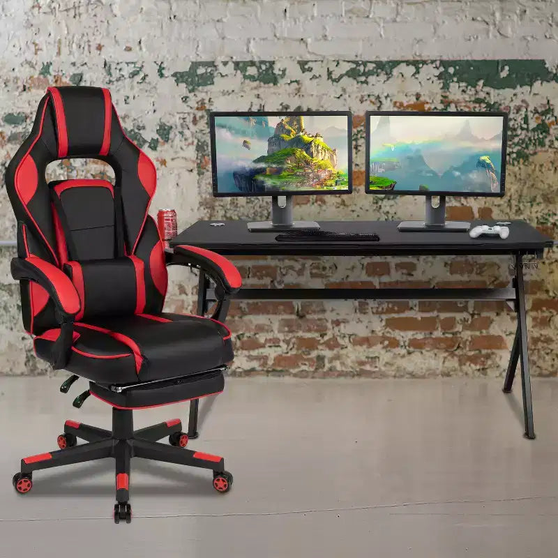 Scrivania da gaming Flash Furniture con portabicchieri/gancio per cuffie/tappetino per mouse rimovibile e sedia da gaming reclinabile con schienale/braccioli e poggiapiedi