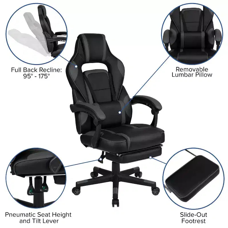 Scrivania da gaming Flash Furniture con portabicchieri/gancio per cuffie/tappetino per mouse rimovibile e sedia da gaming reclinabile con schienale/braccioli e poggiapiedi