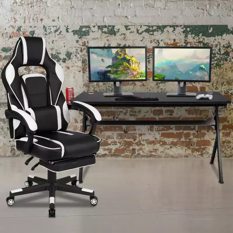 Scrivania da gaming Flash Furniture con portabicchieri/gancio per cuffie/tappetino per mouse rimovibile e sedia da gaming reclinabile con schienale/braccioli e poggiapiedi