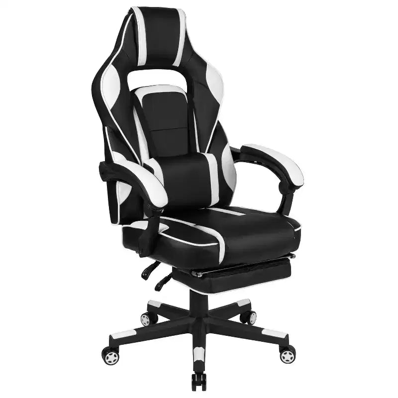 Scrivania da gaming Flash Furniture con portabicchieri/gancio per cuffie/tappetino per mouse rimovibile e sedia da gaming reclinabile con schienale/braccioli e poggiapiedi