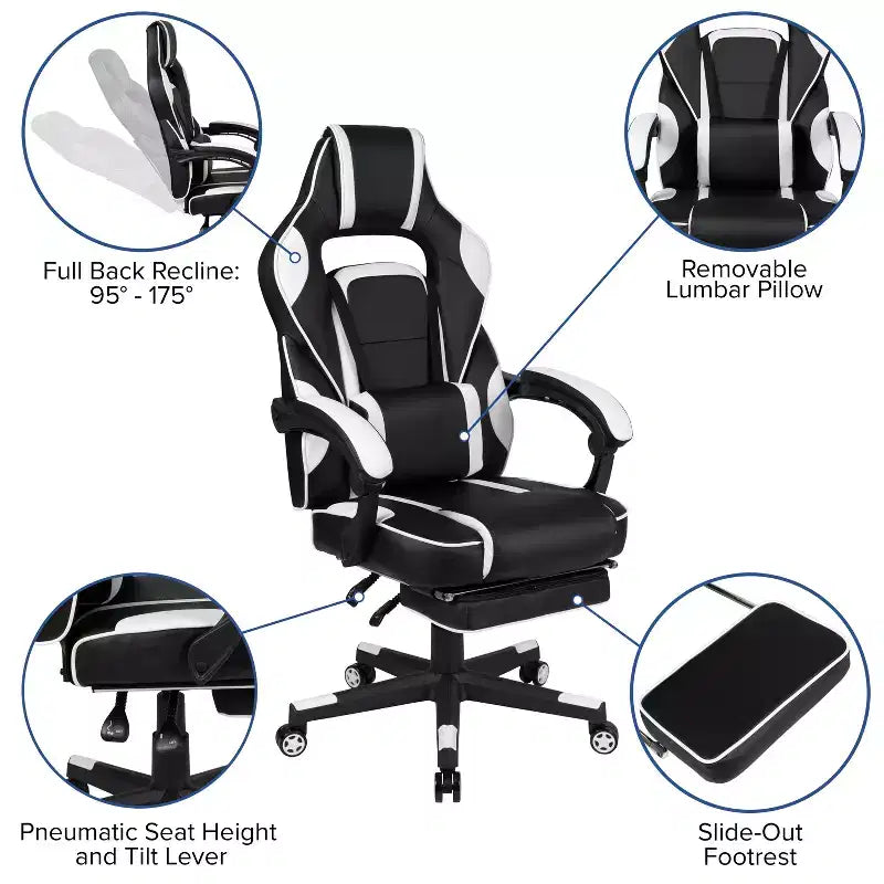 Scrivania da gaming Flash Furniture con portabicchieri/gancio per cuffie/tappetino per mouse rimovibile e sedia da gaming reclinabile con schienale/braccioli e poggiapiedi