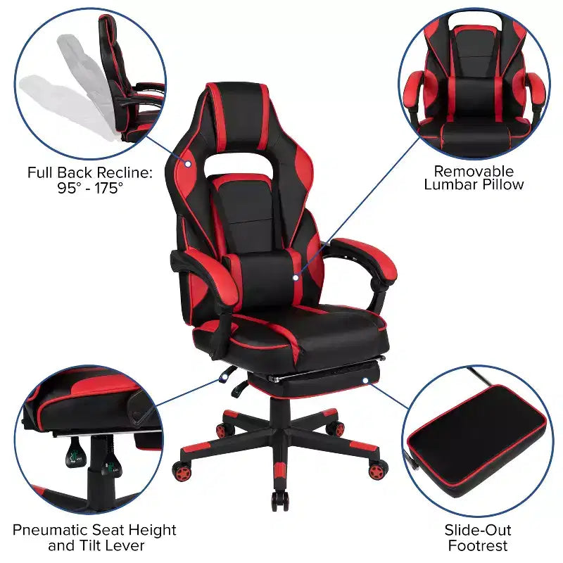 Scrivania da gaming Flash Furniture con portabicchieri/gancio per cuffie/tappetino per mouse rimovibile e sedia da gaming reclinabile con schienale/braccioli e poggiapiedi