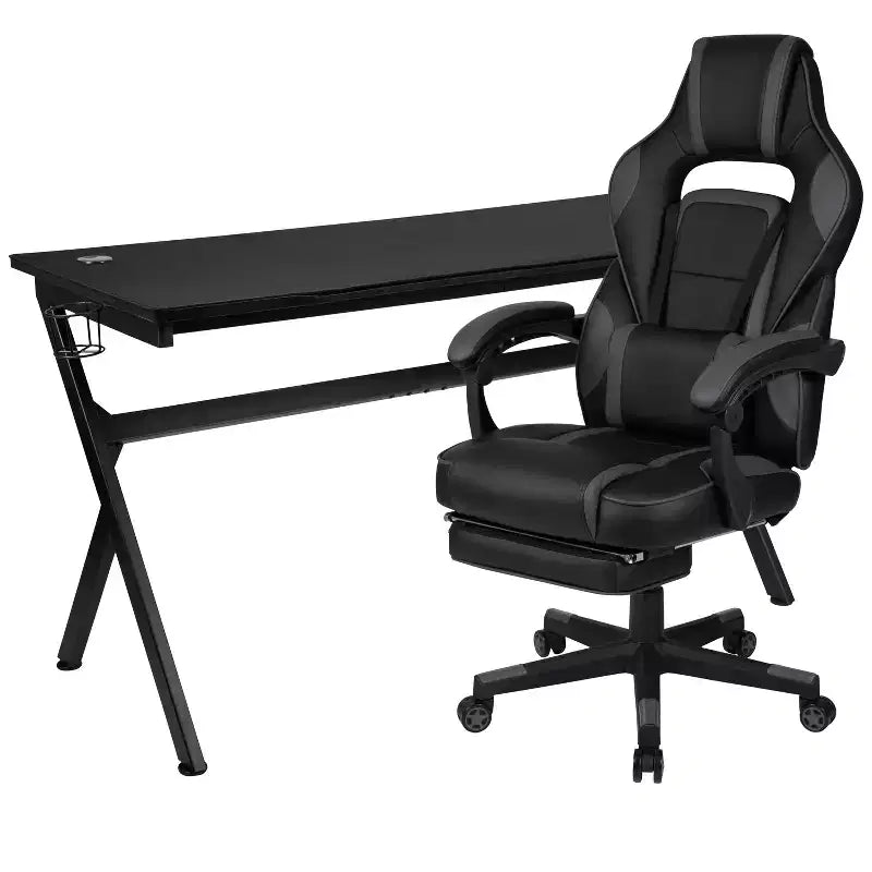 Scrivania da gaming Flash Furniture con portabicchieri/gancio per cuffie/tappetino per mouse rimovibile e sedia da gaming reclinabile con schienale/braccioli e poggiapiedi