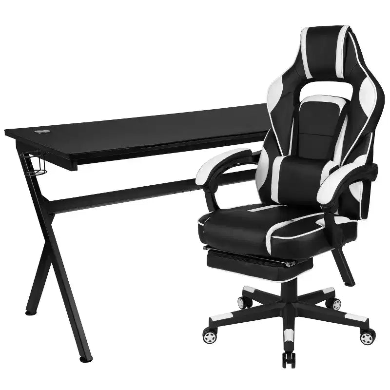Scrivania da gaming Flash Furniture con portabicchieri/gancio per cuffie/tappetino per mouse rimovibile e sedia da gaming reclinabile con schienale/braccioli e poggiapiedi