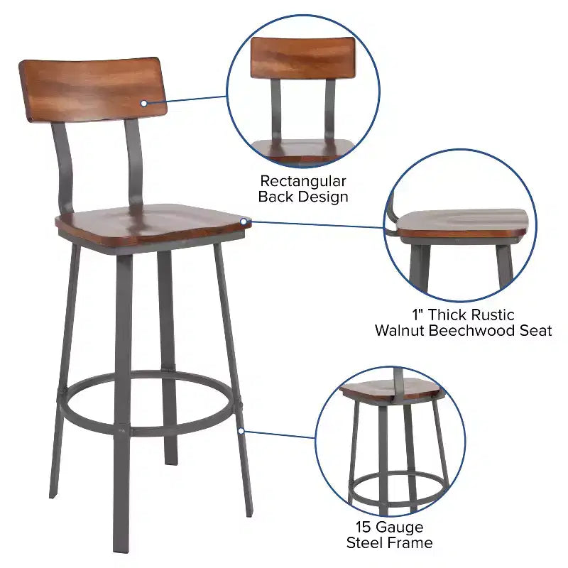 Sgabello da bar Emma and Oliver Rustic Walnut con schienale/sedile in legno e struttura grigia