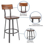 Sgabello da bar Emma and Oliver Rustic Walnut con schienale/sedile in legno e struttura grigia