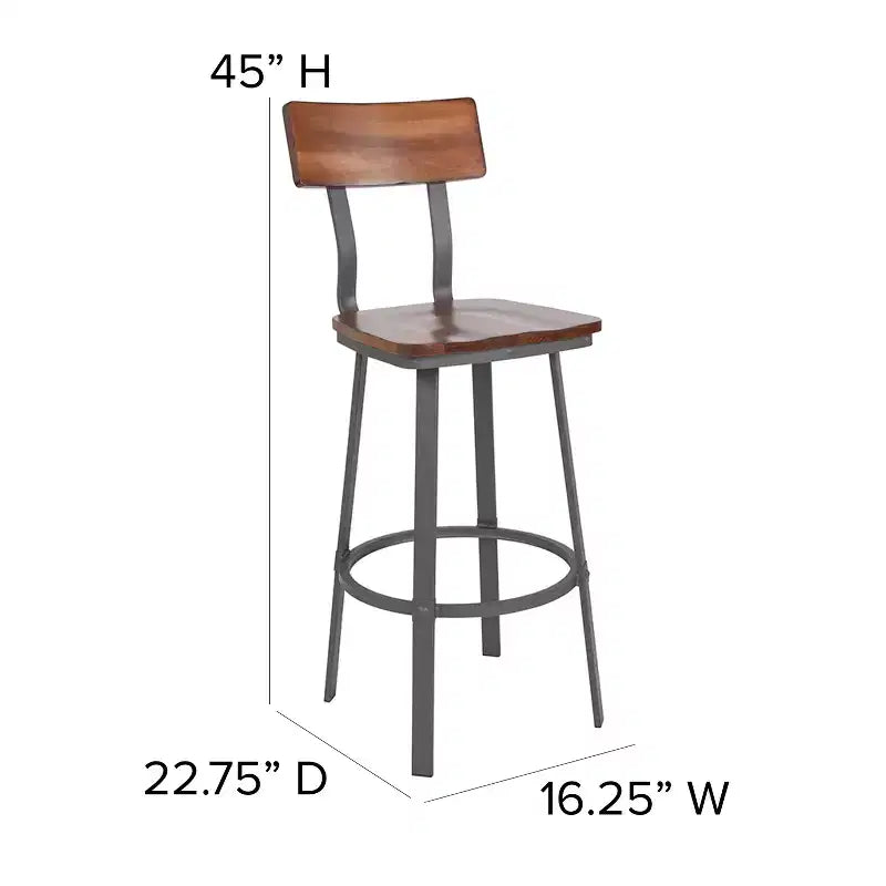 Sgabello da bar Emma and Oliver Rustic Walnut con schienale/sedile in legno e struttura grigia