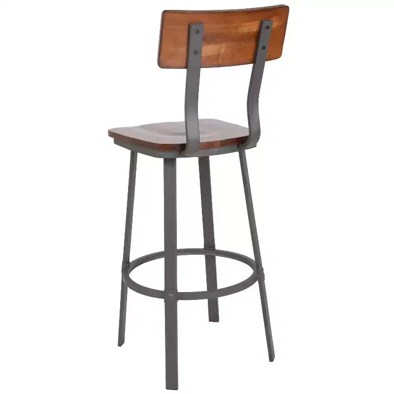 Sgabello da bar Emma and Oliver Rustic Walnut con schienale/sedile in legno e struttura grigia