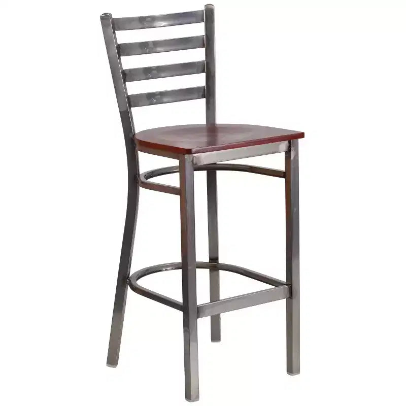Sgabello da bar per ristorante con schienale a pioli e finitura trasparente, modello Emma e Oliver