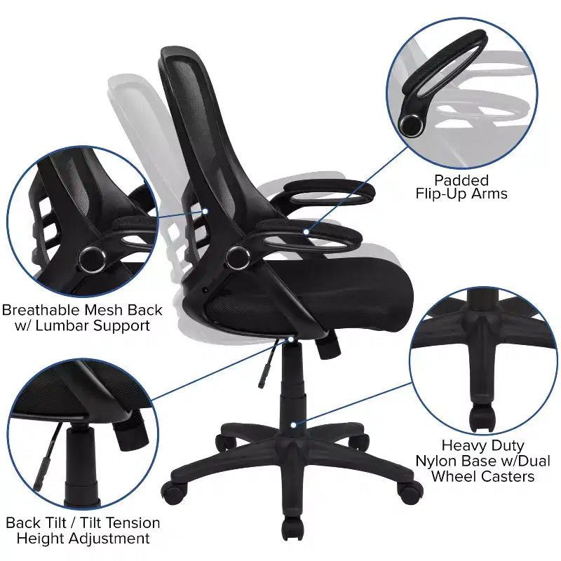 Sedia da ufficio ergonomica Emma and Oliver High Back Mesh con braccioli pieghevoli