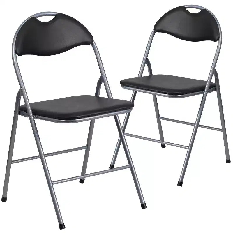 Emma and Oliver 2 Pack Black Vinyl Metal Folding Chair with Carrying Handle