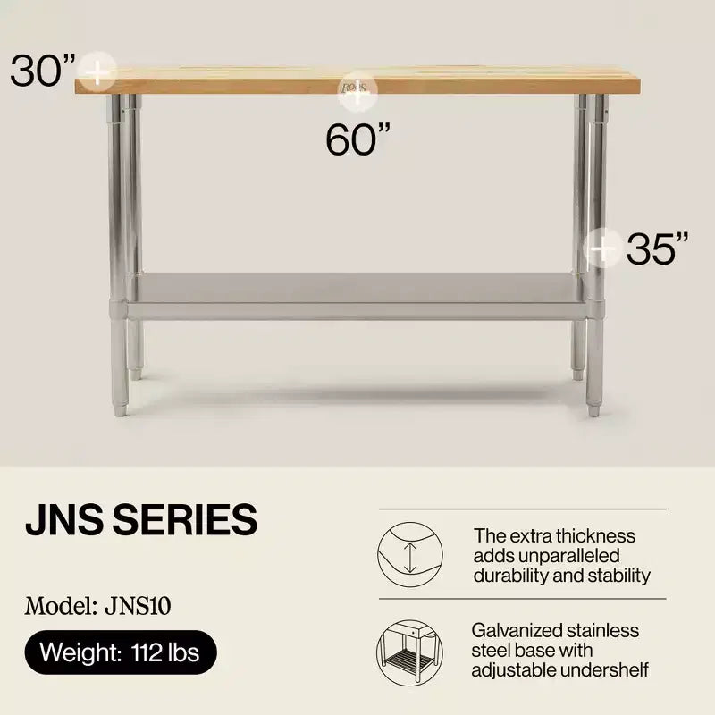 Tavolo da lavoro John Boos in legno d'acero con ripiano inferiore regolabile, 60 x 30 x 1,5