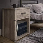 Comodino con 1 cassetto contenitore Max & Finn Nova con maniglia in pelle, rovere grigio