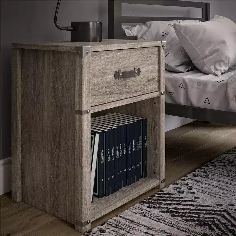 Comodino con 1 cassetto contenitore Max & Finn Nova con maniglia in pelle, rovere grigio